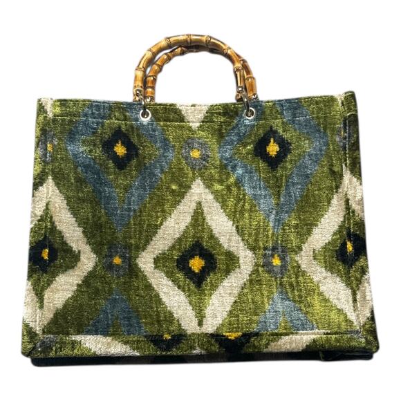 AYCA DESIGN IKAT WOMENS SILK AND VELVET PURSE BAMBOO TOP HANDLE TOTE BAG BOHO - Picture 2 of 7